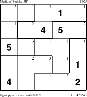 The grouppuzzles.com Medium Sudoku-5B puzzle for Monday April 28, 2025 with the first 3 steps marked