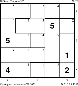 The grouppuzzles.com Difficult Sudoku-5B puzzle for Monday April 28, 2025 with all 5 steps marked