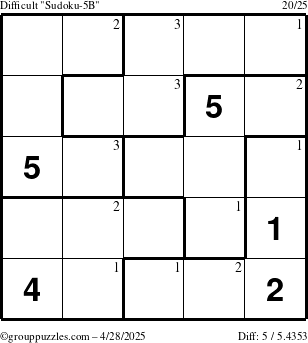 The grouppuzzles.com Difficult Sudoku-5B puzzle for Monday April 28, 2025 with the first 3 steps marked