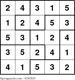 The grouppuzzles.com Answer grid for the Sudoku-5B puzzle for Monday April 28, 2025