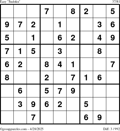 The grouppuzzles.com Easy Sudoku puzzle for Monday April 28, 2025