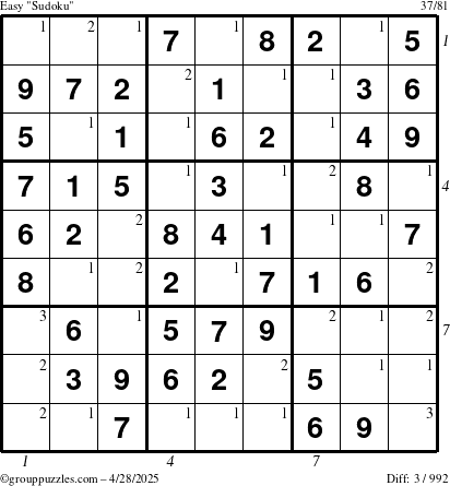 The grouppuzzles.com Easy Sudoku puzzle for Monday April 28, 2025 with all 3 steps marked