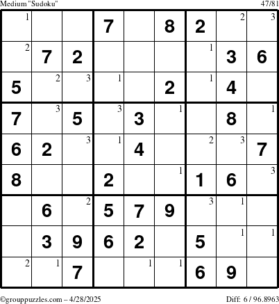 The grouppuzzles.com Medium Sudoku puzzle for Monday April 28, 2025 with the first 3 steps marked