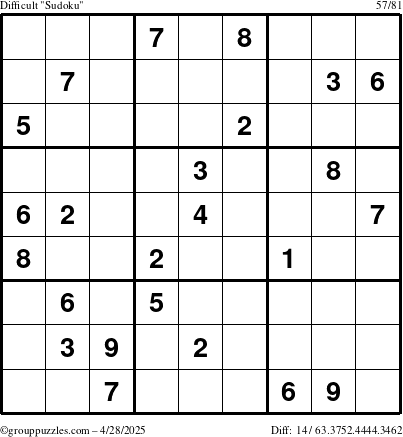 The grouppuzzles.com Difficult Sudoku puzzle for Monday April 28, 2025