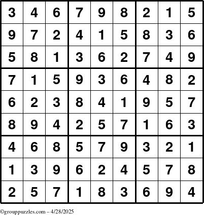 The grouppuzzles.com Answer grid for the Sudoku puzzle for Monday April 28, 2025