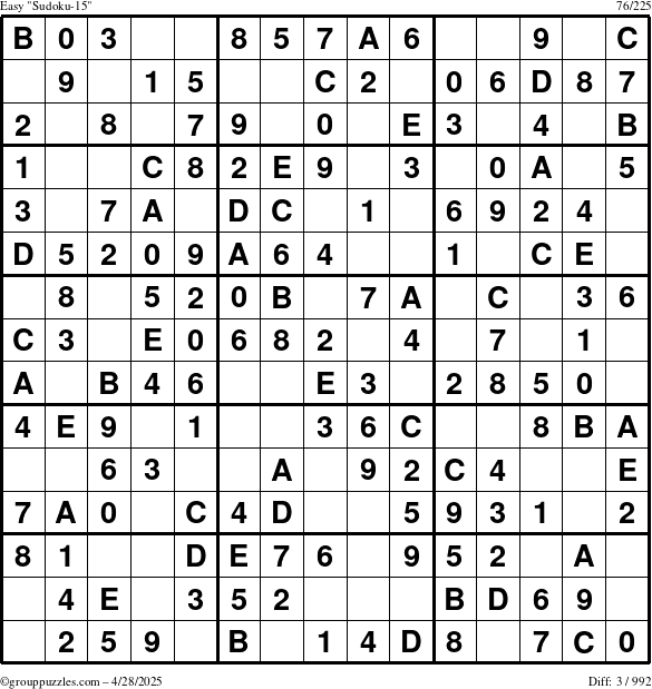 The grouppuzzles.com Easy Sudoku-15 puzzle for Monday April 28, 2025