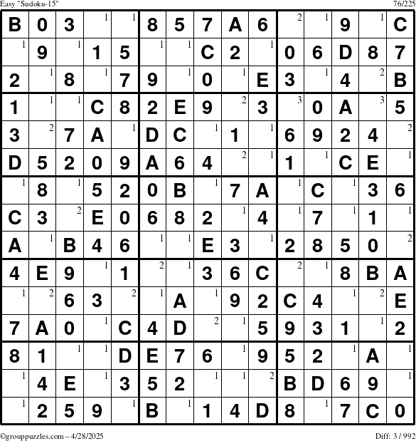 The grouppuzzles.com Easy Sudoku-15 puzzle for Monday April 28, 2025 with the first 3 steps marked