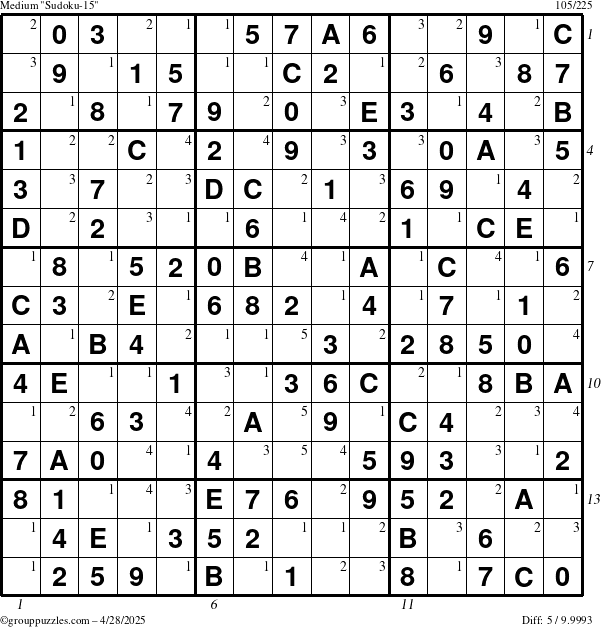 The grouppuzzles.com Medium Sudoku-15 puzzle for Monday April 28, 2025 with all 5 steps marked