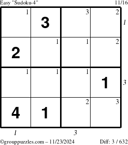 The grouppuzzles.com Easy Sudoku-4 puzzle for Saturday November 23, 2024 with all 3 steps marked