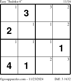 The grouppuzzles.com Easy Sudoku-4 puzzle for Saturday November 23, 2024 with the first 3 steps marked