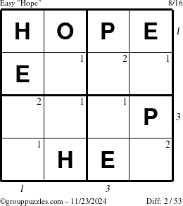 The grouppuzzles.com Easy Hope puzzle for Saturday November 23, 2024 with all 2 steps marked