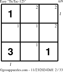 The grouppuzzles.com Easy TicTac-123 puzzle for Saturday November 23, 2024 with all 2 steps marked