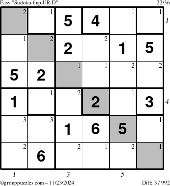 The grouppuzzles.com Easy Sudoku-6up-UR-D puzzle for Saturday November 23, 2024 with all 3 steps marked