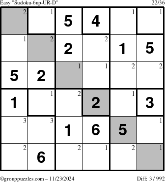 The grouppuzzles.com Easy Sudoku-6up-UR-D puzzle for Saturday November 23, 2024 with the first 3 steps marked