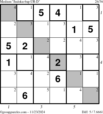 The grouppuzzles.com Medium Sudoku-6up-UR-D puzzle for Saturday November 23, 2024 with all 5 steps marked