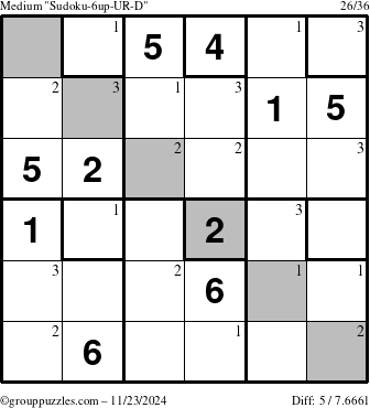 The grouppuzzles.com Medium Sudoku-6up-UR-D puzzle for Saturday November 23, 2024 with the first 3 steps marked