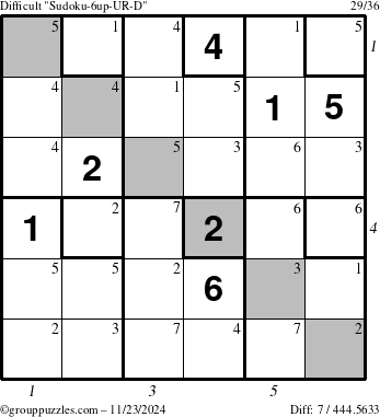 The grouppuzzles.com Difficult Sudoku-6up-UR-D puzzle for Saturday November 23, 2024 with all 7 steps marked