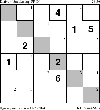 The grouppuzzles.com Difficult Sudoku-6up-UR-D puzzle for Saturday November 23, 2024 with the first 3 steps marked