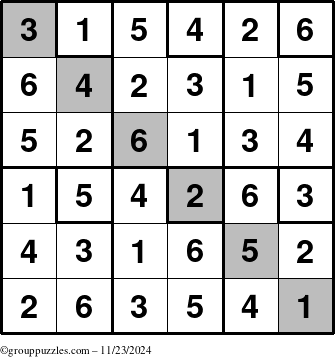 The grouppuzzles.com Answer grid for the Sudoku-6up-UR-D puzzle for Saturday November 23, 2024