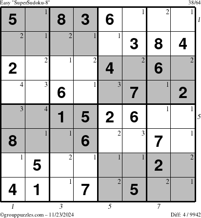 The grouppuzzles.com Easy SuperSudoku-8 puzzle for Saturday November 23, 2024 with all 4 steps marked