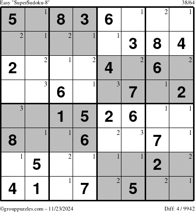 The grouppuzzles.com Easy SuperSudoku-8 puzzle for Saturday November 23, 2024 with the first 3 steps marked