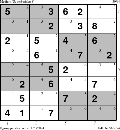 The grouppuzzles.com Medium SuperSudoku-8 puzzle for Saturday November 23, 2024 with all 6 steps marked