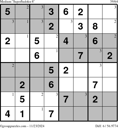 The grouppuzzles.com Medium SuperSudoku-8 puzzle for Saturday November 23, 2024 with the first 3 steps marked