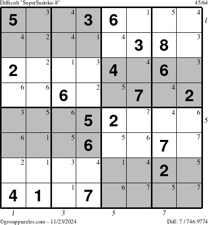 The grouppuzzles.com Difficult SuperSudoku-8 puzzle for Saturday November 23, 2024, suitable for printing, with all 7 steps marked