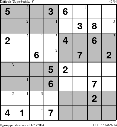 The grouppuzzles.com Difficult SuperSudoku-8 puzzle for Saturday November 23, 2024 with the first 3 steps marked