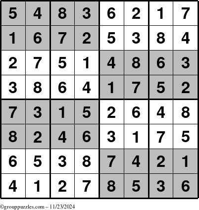 The grouppuzzles.com Answer grid for the SuperSudoku-8 puzzle for Saturday November 23, 2024