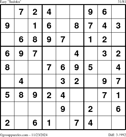 The grouppuzzles.com Easy Sudoku puzzle for Saturday November 23, 2024