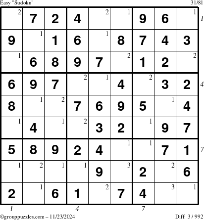 The grouppuzzles.com Easy Sudoku puzzle for Saturday November 23, 2024, suitable for printing, with all 3 steps marked