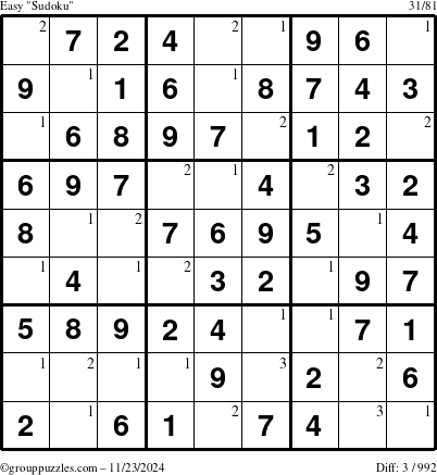 The grouppuzzles.com Easy Sudoku puzzle for Saturday November 23, 2024 with the first 3 steps marked