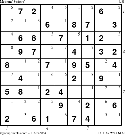 The grouppuzzles.com Medium Sudoku puzzle for Saturday November 23, 2024, suitable for printing, with all 8 steps marked