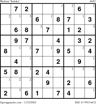 The grouppuzzles.com Medium Sudoku puzzle for Saturday November 23, 2024 with the first 3 steps marked