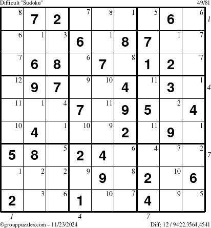 The grouppuzzles.com Difficult Sudoku puzzle for Saturday November 23, 2024 with all 12 steps marked