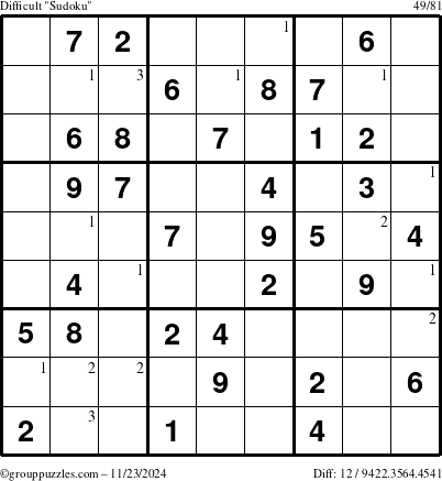 The grouppuzzles.com Difficult Sudoku puzzle for Saturday November 23, 2024 with the first 3 steps marked