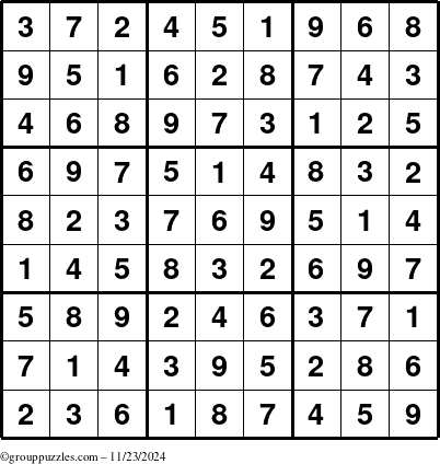 The grouppuzzles.com Answer grid for the Sudoku puzzle for Saturday November 23, 2024