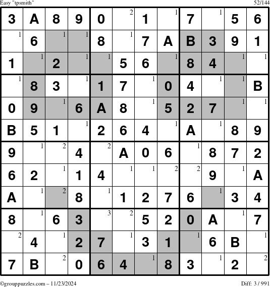 The grouppuzzles.com Easy tpsmith puzzle for Saturday November 23, 2024 with the first 3 steps marked