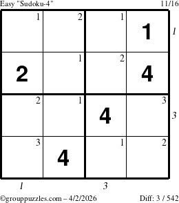 The grouppuzzles.com Easy Sudoku-4 puzzle for Thursday April 2, 2026, suitable for printing, with all 3 steps marked
