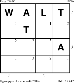 The grouppuzzles.com Easy Walt puzzle for Thursday April 2, 2026, suitable for printing, with all 3 steps marked