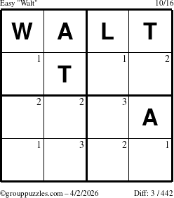 The grouppuzzles.com Easy Walt puzzle for Thursday April 2, 2026 with the first 3 steps marked