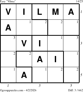 The grouppuzzles.com Easy Vilma puzzle for Thursday April 2, 2026, suitable for printing, with all 3 steps marked