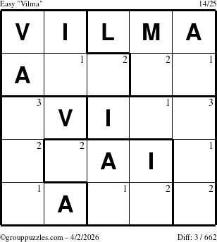 The grouppuzzles.com Easy Vilma puzzle for Thursday April 2, 2026 with the first 3 steps marked