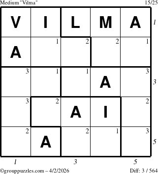 The grouppuzzles.com Medium Vilma puzzle for Thursday April 2, 2026, suitable for printing, with all 3 steps marked