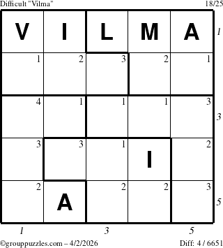 The grouppuzzles.com Difficult Vilma puzzle for Thursday April 2, 2026, suitable for printing, with all 4 steps marked