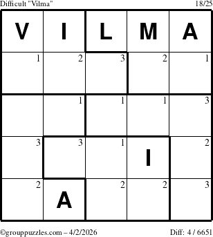 The grouppuzzles.com Difficult Vilma puzzle for Thursday April 2, 2026 with the first 3 steps marked
