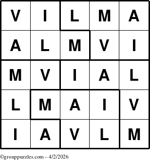 The grouppuzzles.com Answer grid for the Vilma puzzle for Thursday April 2, 2026
