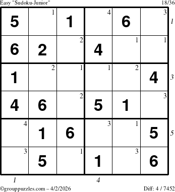 The grouppuzzles.com Easy Sudoku-Junior puzzle for Thursday April 2, 2026 with all 4 steps marked