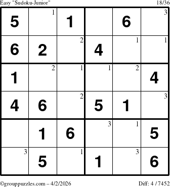 The grouppuzzles.com Easy Sudoku-Junior puzzle for Thursday April 2, 2026 with the first 3 steps marked